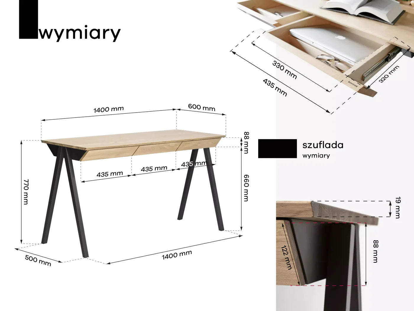 oak vogel desk L 140 x 60 cm grey