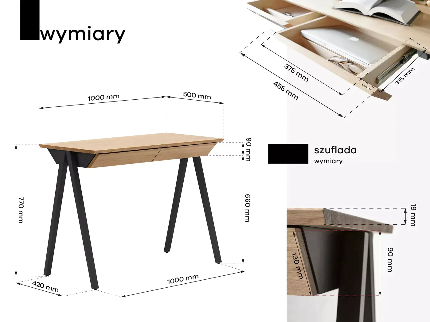 black oak vogel desk S 100 x 50 cm black